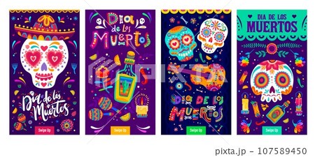 Dia De Los Muertos Mexican holiday banners, Day of Dead calavera sugar skulls in sombrero, vector background. Mexican fiesta holiday guitar, maracas and tequila with chili pepper and candles 107589450