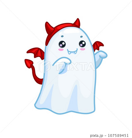 Halloween kawaii ghost character wearing red devil horns, wings and tail for a whimsical party look. Adorable cartoon cute vector baby spook combining funny elements for a charming and unique costume 107589451