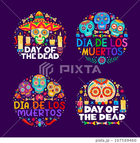 Mexican Dia De Los Muertos or Day of Dead holiday banners, vector calavera skulls. Dia de Los Muertos fiesta decorations with candles, chili peppers and Mexican floral ornament for dead day carnival 107589460