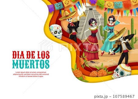 Dia De Los Muertos paper cut banner, Day of Dead Mexican holiday, vector mariachi fiesta. Dia de Los Muertos papercut Catrina calavera skulls, skeletons in sombreros and Mexican papel picado flags 107589467
