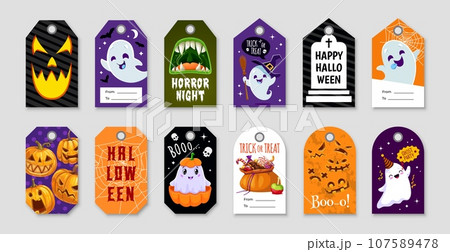 Halloween gift tags, cards and labels, vector horror holiday monsters. Cute cartoon pumpkins, ghosts, trick or treat party candies and vampire mouth characters, bats, skulls, witch hat and broom Halloween gift tags, cards and labels, vector horror holiday monsters. Cute cartoon pumpkins, ghosts, trick or treat party candies and vampire mouth characters, bats, skulls, witch hat and broom 107589478