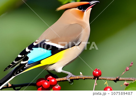 The waxwing, Bombycilla garrulus, is a small passerine bird. Generative AI. The waxwing, Bombycilla garrulus, is a small passerine bird. Generative AI. 107589487