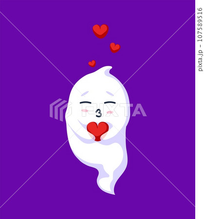 Halloween kawaii ghost cartoon character with kissing expression cradling a heart tenderly, emanating a delightful aura of love and innocence. Isolated vector charming spook express love emotion Halloween kawaii ghost cartoon character with kissing expression cradling a heart tenderly, emanating a delightful aura of love and innocence. Isolated vector charming spook express love emotion 107589516
