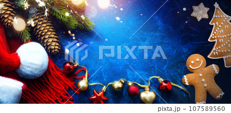 Art Merry Christmas and Happy New Year greeting card or banner background 107589560
