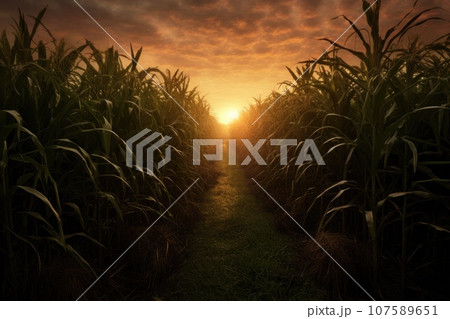 Sugar cane stalks on plantation at morning dawn 107589651