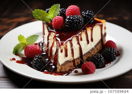 Slice of souffle cheesecake with chocolate glaze garnished with raspberries and blackberries Slice of souffle cheesecake with chocolate glaze garnished with raspberries and blackberries 107589684