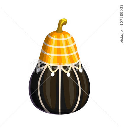 Halloween painted pumpkin with holiday ornament. Isolated vector orange and black festive gourd with white stripes, creating a playful and eye-catching decoration in celebratory spirit of the holiday 107589935