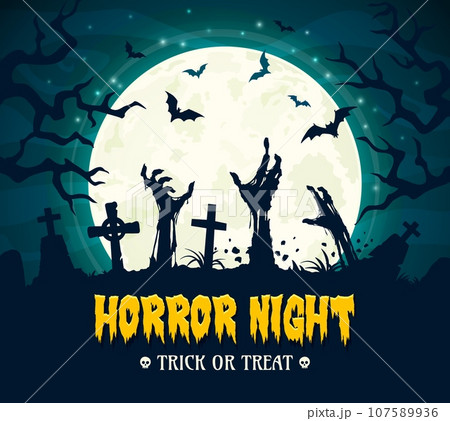 Trick or Treat horror night banner with zombie hands for Halloween holiday, vector background. Midnight cemetery with tombstones and zombie hands in grave with bats and moon for Halloween celebration Trick or Treat horror night banner with zombie hands for Halloween holiday, vector background. Midnight cemetery with tombstones and zombie hands in grave with bats and moon for Halloween celebration 107589936