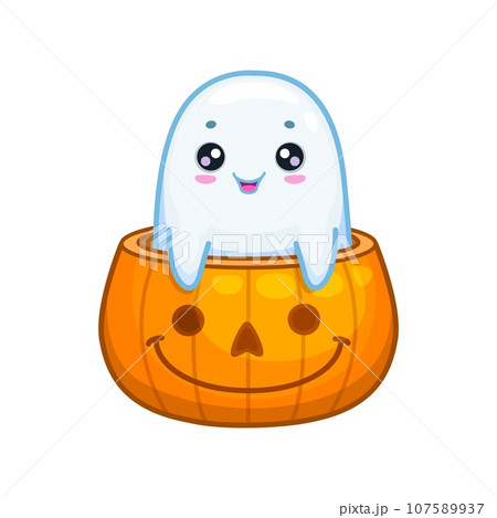 Halloween kawaii ghost character peeks out from a grinning pumpkin, radiating adorable charm and spooky fun. Isolated cartoon vector cute spook, peek a boo theme. Baby phantom sitting in jack lantern Halloween kawaii ghost character peeks out from a grinning pumpkin, radiating adorable charm and spooky fun. Isolated cartoon vector cute spook, peek a boo theme. Baby phantom sitting in jack lantern 107589937