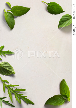 Art italian cooking background; old parchment with fresh leaves Basil and arugula 107589953