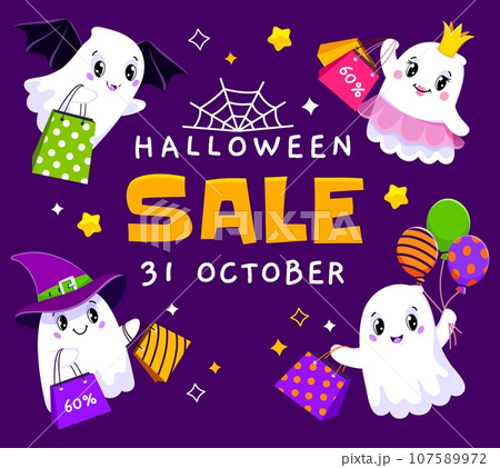 Halloween sale banner with cute kawaii ghosts and shopping bags. Vector special offer card or discount voucher of funny cartoon ghosts characters, witch hat, bat wings, air balloons and crown 107589972