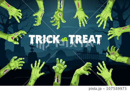 Halloween zombie hands banner for holiday horror night and trick or treat party, vector background. Spooky undead or dead zombie green hands reaching out from grave on cemetery with tombstones 107589973