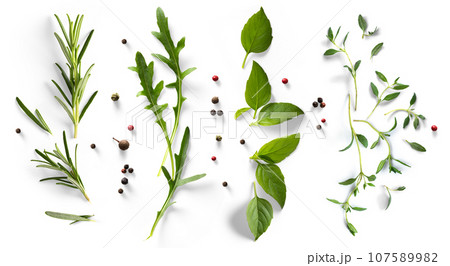 fresh mediterranean herb and spices on white background. Food design element 107589982
