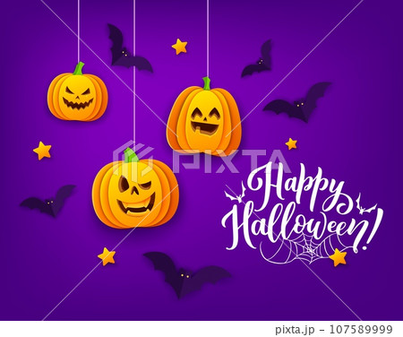 Halloween paper cut pumpkins and flying bats, spooky trick or treat holiday greeting card. Vector 3d papercut hanging pumpkin lanterns with carved funny faces, origami bats, gold stars and cobweb 107589999