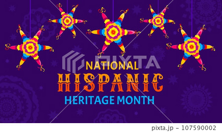 National hispanic heritage month banner with pinata stars on spanish mexican floral pattern background. Hispanic community culture festival vector poster with bright color paper pinatas and flowers National hispanic heritage month banner with pinata stars on spanish mexican floral pattern background. Hispanic community culture festival vector poster with bright color paper pinatas and flowers 107590002