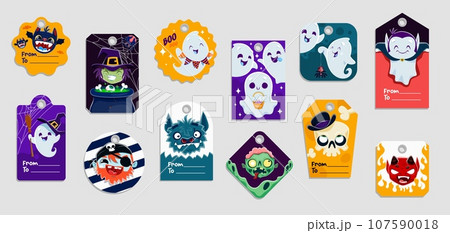 Halloween holiday gift tags. Isolated vector badges with cute ghosts, skull in bowl hat, witch with cauldron. Zombie, pirate, devil and bat with spook vampire. Decorative festive cards for presents Halloween holiday gift tags. Isolated vector badges with cute ghosts, skull in bowl hat, witch with cauldron. Zombie, pirate, devil and bat with spook vampire. Decorative festive cards for presents 107590018