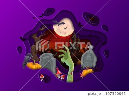Halloween paper cut banner with cemetery landscape, castle and pumpkins between tombstones, vector background. Halloween holiday horror night zombie dead hand and bats with tombstones on cemetery 107590045