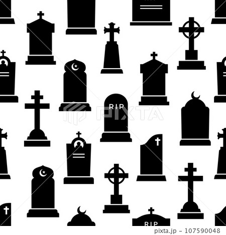 Gravestone and tombstone silhouettes seamless pattern of cemetery headstone or tomb stone, vector background. Cemetery or graveyard tombstones with RIP memorial and gothic cross for cemetery pattern 107590048