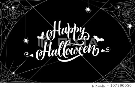 Happy halloween banner with cobweb and spiders. White vector typography with bats and creepy spiders on black background with tangled spiderweb frame. Party poster with scary script and spooky design 107590050