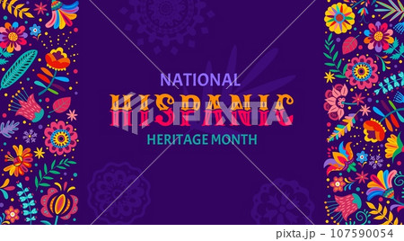 National hispanic heritage month festival banner with tropical flowers and plants vector pattern. Hispanic american culture holiday celebration card with borders of cartoon ethnic floral ornaments National hispanic heritage month festival banner with tropical flowers and plants vector pattern. Hispanic american culture holiday celebration card with borders of cartoon ethnic floral ornaments 107590054