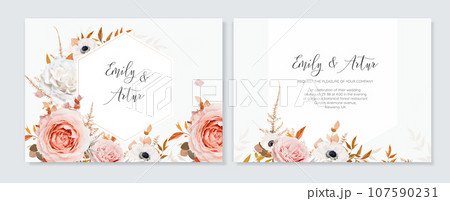 Elegant wedding vector invite. Golden, floral geometrical frame. Peach pink, white rose, anemone flowers, fall leaves, orange fern bouquet wreath. Editable watercolor autumn color card template design Elegant wedding vector invite. Golden, floral geometrical frame. Peach pink, white rose, anemone flowers, fall leaves, orange fern bouquet wreath. Editable watercolor autumn color card template design 107590231
