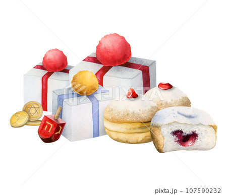 Watercolor Hanukkah gifts with Jewish donuts, dreidel and coins hand drawn isolated illustration for greeting card 107590232