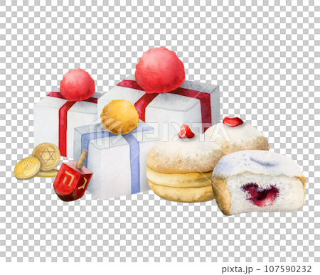 Watercolor Hanukkah gifts with Jewish donuts, dreidel and coins hand drawn isolated illustration for greeting card Watercolor Hanukkah gifts with Jewish donuts, dreidel and coins hand drawn isolated illustration for greeting card 107590232