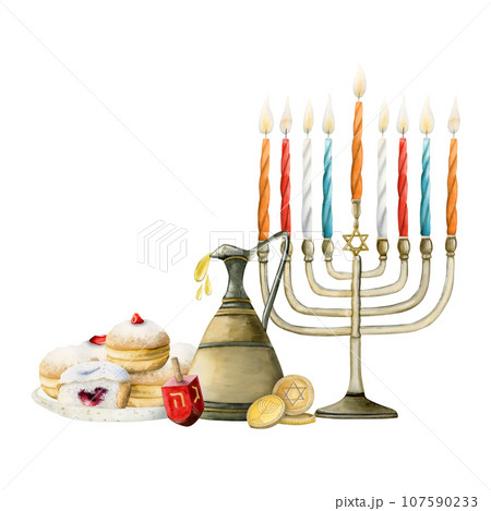 Watercolor Hanukkah banner template illustration isolated on white background with menorah with candles, dreidel, traditional donuts, sufganiyot, coins gelt for holiday greetings Watercolor Hanukkah banner template illustration isolated on white background with menorah with candles, dreidel, traditional donuts, sufganiyot, coins gelt for holiday greetings 107590233