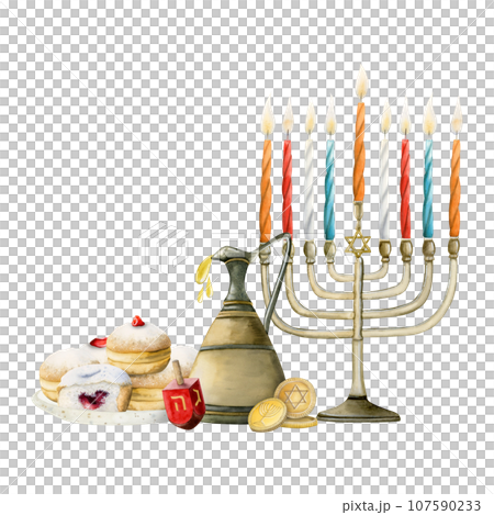 Watercolor Hanukkah banner template illustration isolated on white background with menorah with candles, dreidel, traditional donuts, sufganiyot, coins gelt for holiday greetings Watercolor Hanukkah banner template illustration isolated on white background with menorah with candles, dreidel, traditional donuts, sufganiyot, coins gelt for holiday greetings 107590233