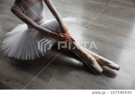 Young ballet dancer girl posing at studio sitting on floor 107590430