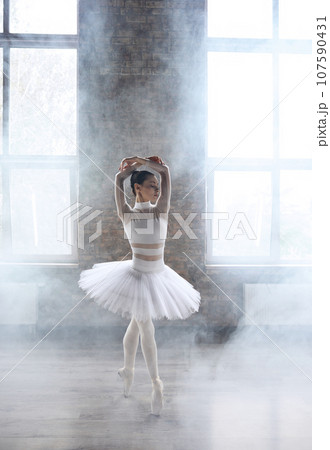 Young stunning ballerina wearing tutu dress and pointe shoes dancing in haze 107590431