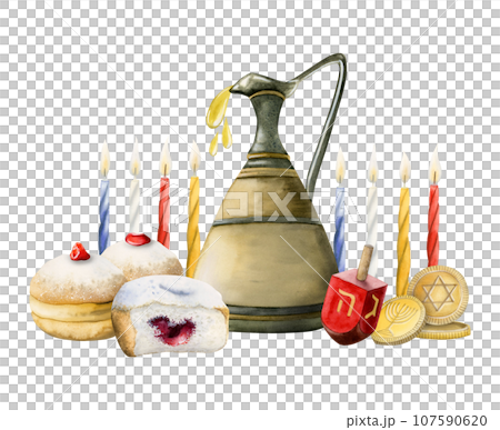 Hanukkah miracle horizontal banner watercolor illustration with jug of olive oil, candles, dreidel, traditional sufganiyot donuts and gold coins Hanukkah miracle horizontal banner watercolor illustration with jug of olive oil, candles, dreidel, traditional sufganiyot donuts and gold coins 107590620
