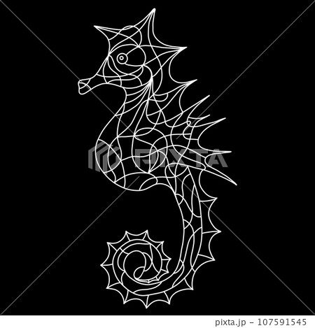Sea Horse Isolated Logo. Hand Drawn Black and White Seahorse Illustration. Sea Horse in Stained Glass Window Style. Coloring Book Pages for Adult. 107591545