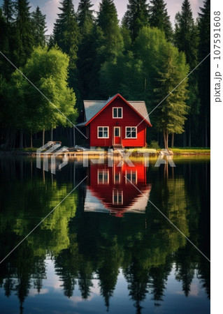 A small wooden house in a coniferous forest on the shore of a lake. 107591608