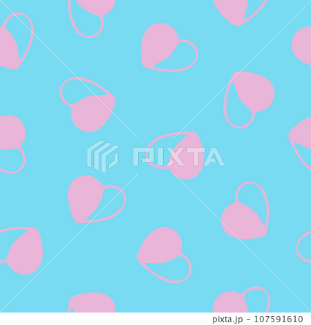 Hand Drawn Seamless Patterns with Hearts in Doodle Style. Romantic Love Digital Paper for Valentines Day. Colorful Hearts on Pastel Blue Background. 107591610