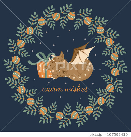Christmas card in cartoon style. A cute dragon sleeps next to a gift box. A little dinosaur. A wreath of twigs with leaves and Christmas balls. Warm wishes! 107592439