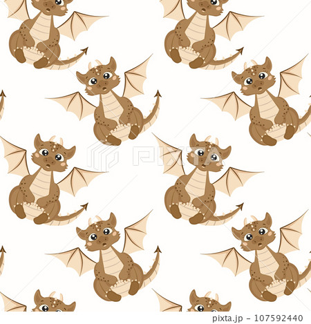 Seamless pattern with a cute surprised dragon on a white background in cartoon style. A little dinosaur. Vector illustration. 107592440