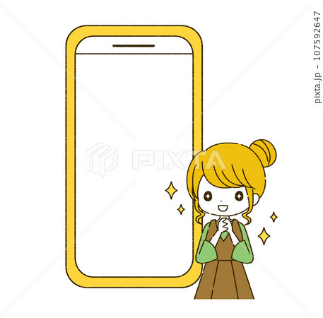 目をキラキラさせた女の子とスマホのイラスト 107592647