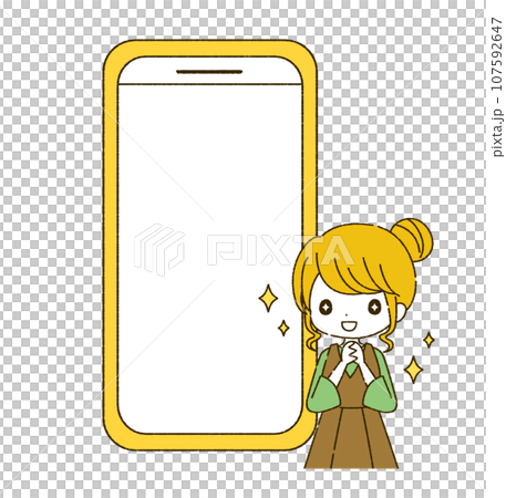 Illustration of a girl with sparkling eyes and a smartphone 107592647
