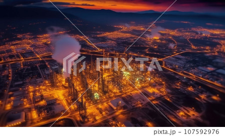 Aerial view of Oil and gas industry - refinery, Shot from drone of Oil refinery and Petrochemical plant at twilight 107592976