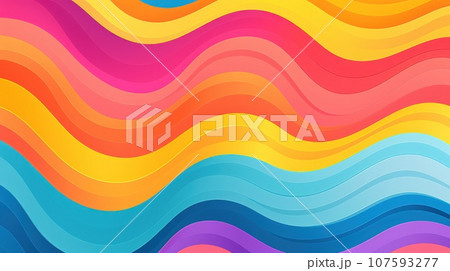 Rainbow groovy wavy line design in 1970s hippie retro style abstract background. 107593277