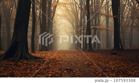 Foggy autumn forest with trees and path. Generative ai 107593308