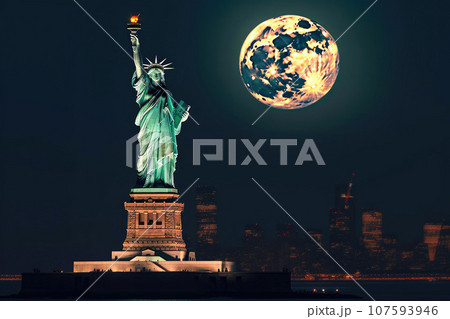 New York's Nighttime Wonder: Statue of Liberty and Supermoon New York's Nighttime Wonder: Statue of Liberty and Supermoon 107593946