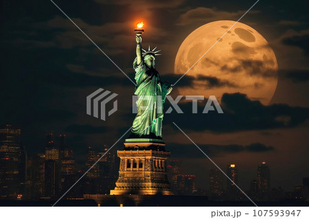 Statue of Liberty Aglow in Supermoon Light 107593947