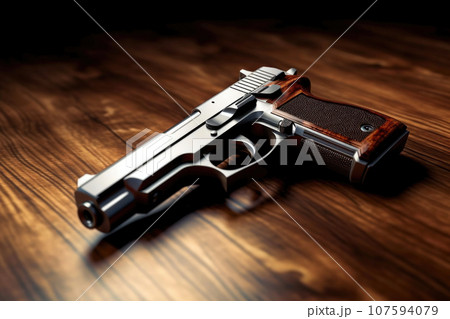 Classic Handgun Resting on a Rustic Wooden Table Classic Handgun Resting on a Rustic Wooden Table 107594079