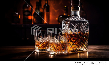 close-up Whiskey bottle and glasses on the bar counter close-up Whiskey bottle and glasses on the bar counter 107594702