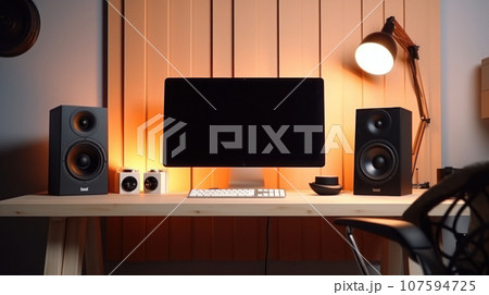 Interior home studio minimalist of video editing comfortable with microphone and the computer speaker monitor Interior home studio minimalist of video editing comfortable with microphone and the computer speaker monitor 107594725