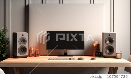Interior home studio minimalist of video editing comfortable with microphone and the computer speaker monitor Interior home studio minimalist of video editing comfortable with microphone and the computer speaker monitor 107594726
