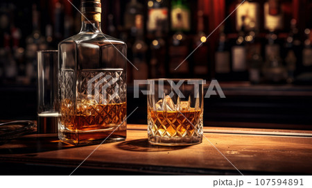 Whiskey bottles and glasses on the bar counter 107594891