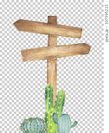 Watercolor painting of wooden signpost with cactus. 107595213